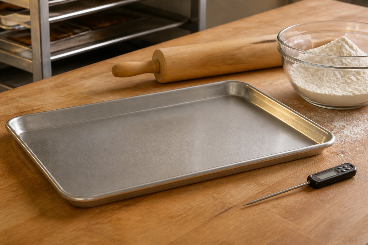 Baker's bench with half sheet, pin, and probe