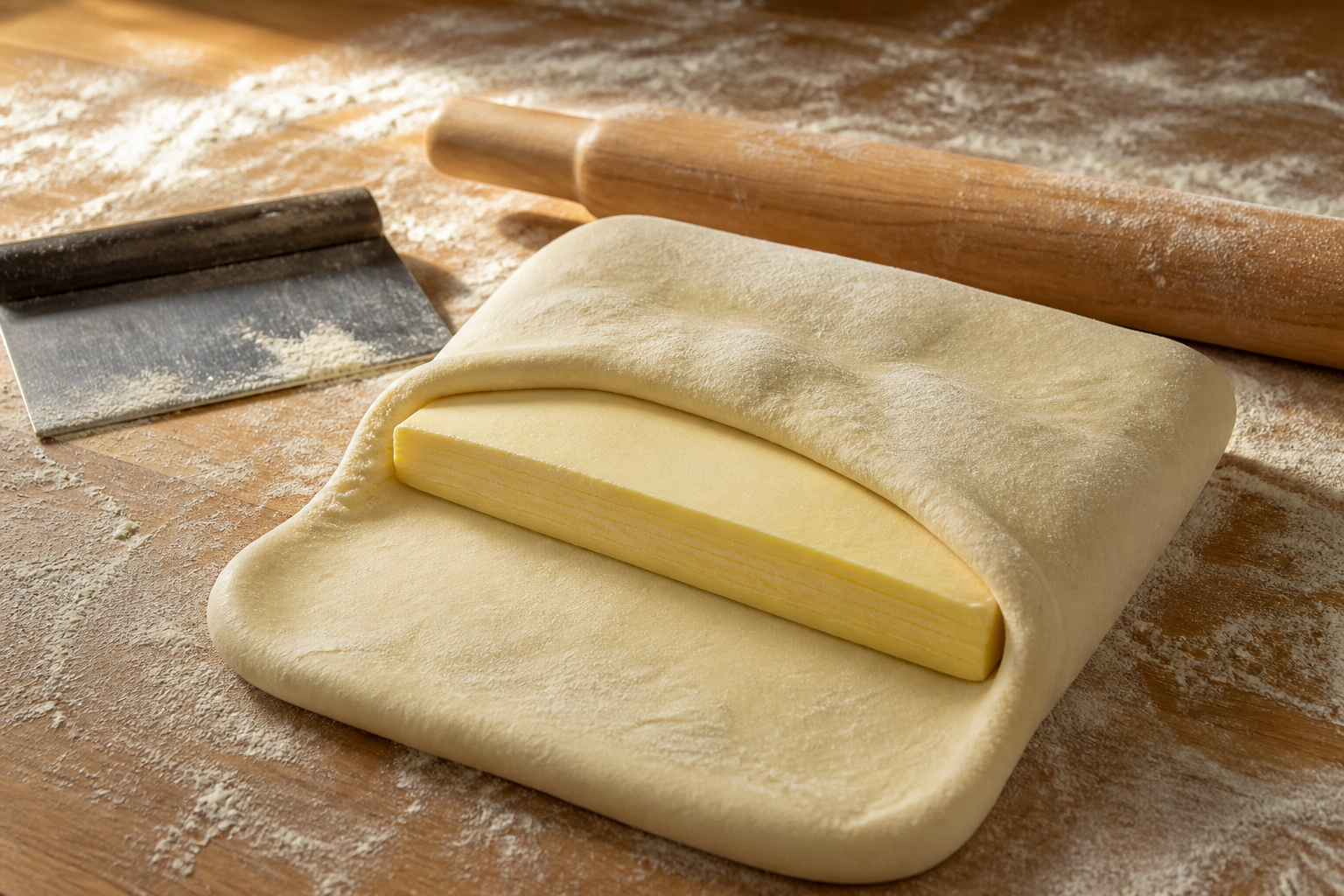 Laminated dough and a butter block