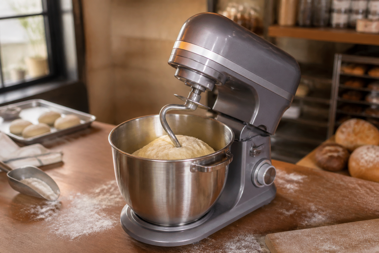 Tilt-head mixer kneading dough